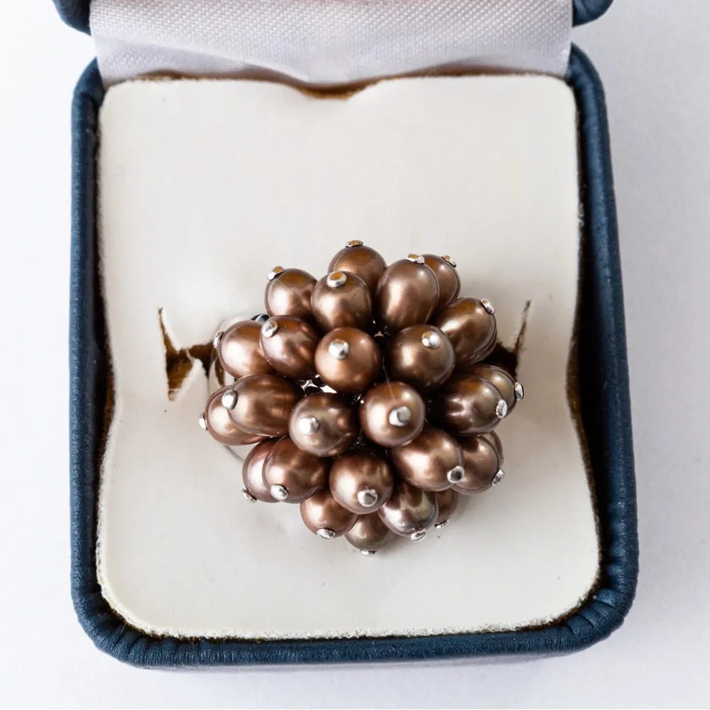 Freshwater pearl ring chocolate brown sterling silver 7.5